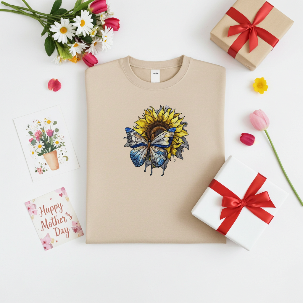 Beige sweatshirt laid flat on a white background with blue butterfly and sunflower embroidery on the chest, styled with a bouquet of flowers, a gift box, and a Mother’s Day card.
