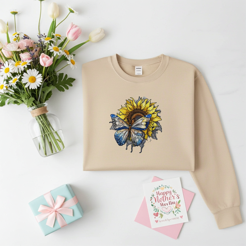 Beige sweatshirt laid flat on a white background with blue butterfly and sunflower embroidery on the chest, styled with a bouquet of flowers, a gift box, and a Mother’s Day card.