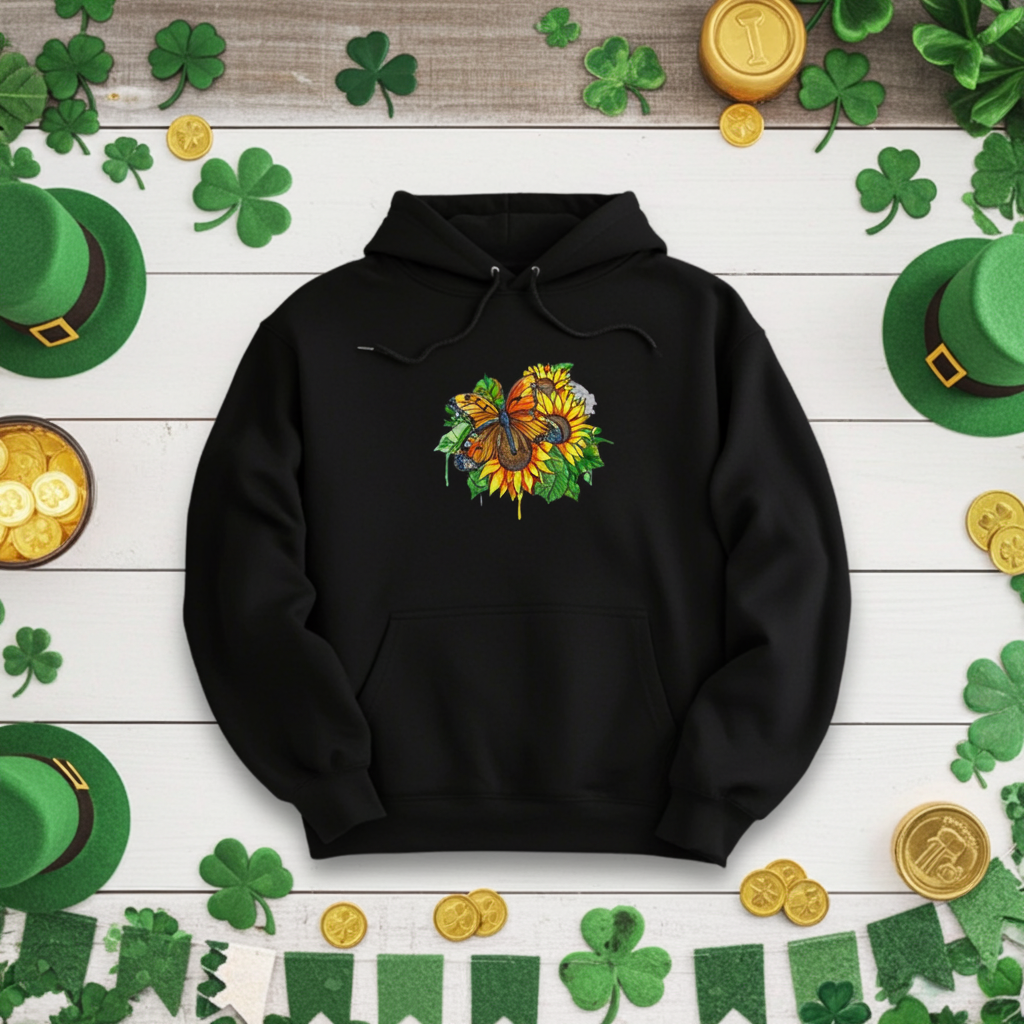 Black premium hoodie with Radiant Sunflower Butterfly embroidery featuring an orange butterfly over bright yellow sunflowers and green leaves, styled on a wooden background with shamrock decorations, green hats, and gold coins, original EmbroMania artwork.