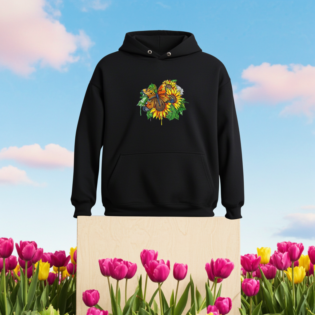Black premium hoodie with Radiant Sunflower Butterfly embroidery featuring an orange butterfly over bright yellow sunflowers and green leaves, styled outdoors on a wooden block in a tulip field under a blue sky, original EmbroMania artwork.