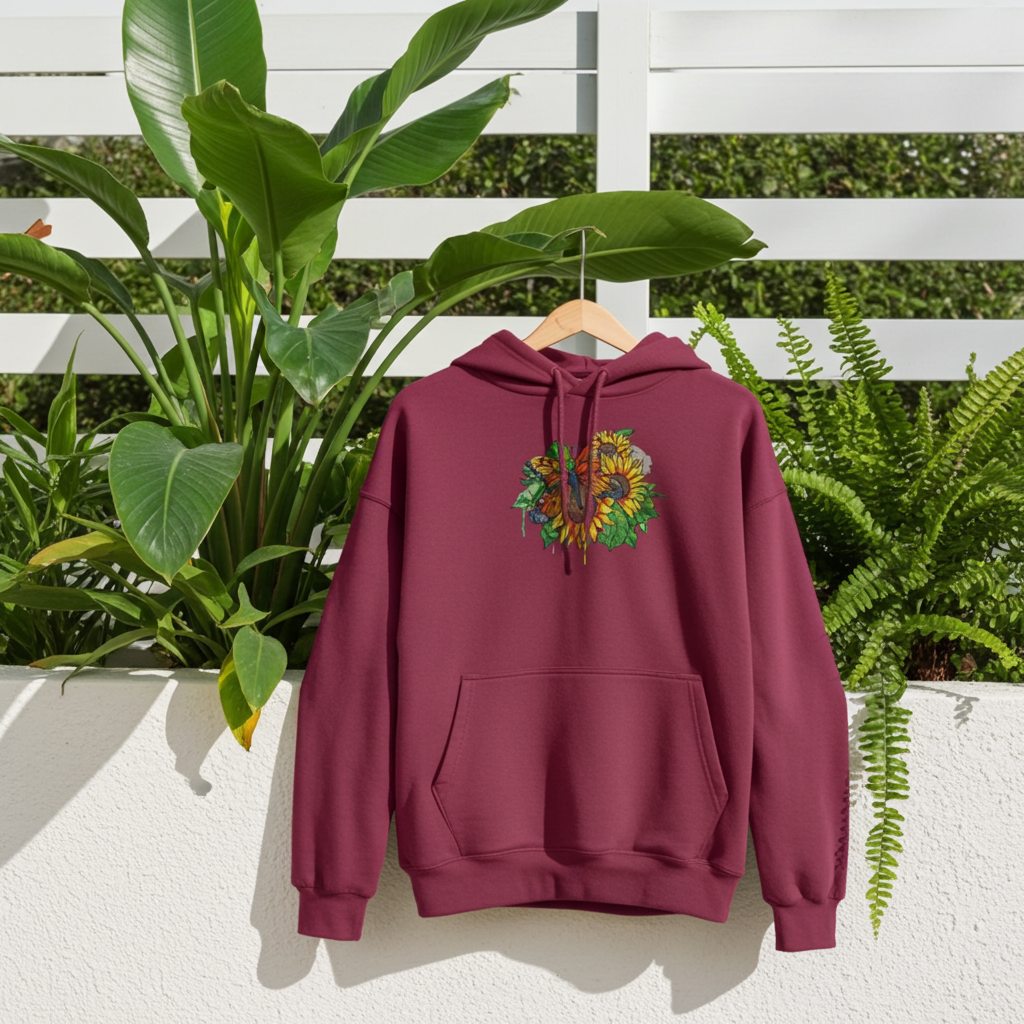 Burgundy premium hoodie with Radiant Sunflower Butterfly embroidery featuring an orange butterfly over bright yellow sunflowers and green leaves, hanging in a bright greenhouse with lush plants, original EmbroMania artwork.