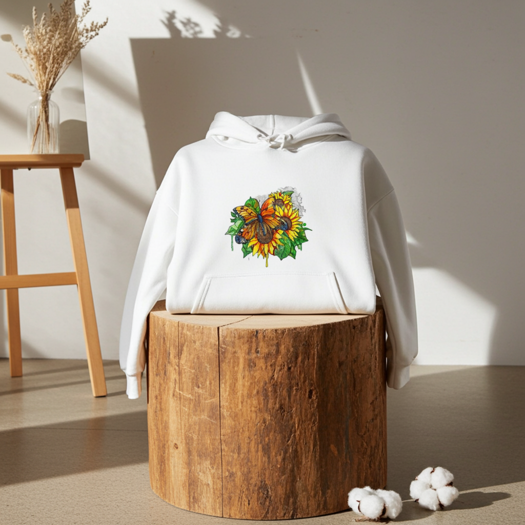 White premium hoodie with Radiant Sunflower Butterfly embroidery featuring an orange butterfly over bright yellow sunflowers and green leaves, styled on a wooden stump in a sunlit studio with dried florals and cotton, original EmbroMania artwork.