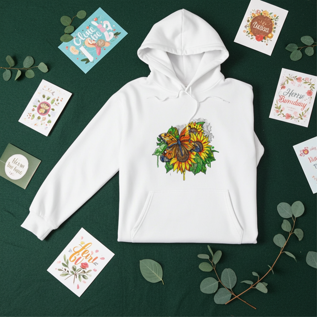 White premium hoodie with Radiant Sunflower Butterfly embroidery featuring an orange butterfly over bright yellow sunflowers and green leaves, flat lay on a dark green background with greenery and greeting cards, original EmbroMania artwork.