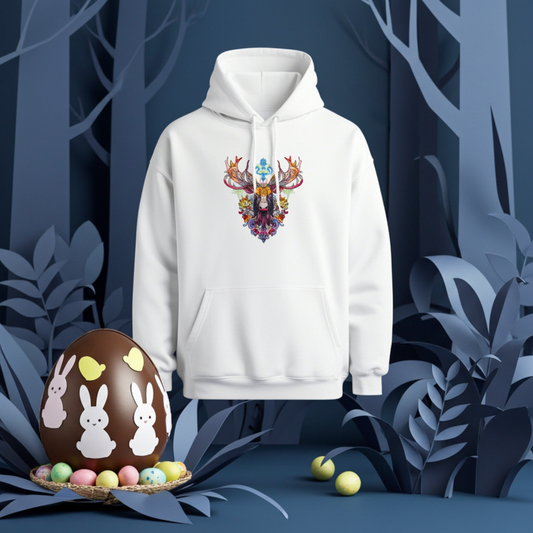 White premium hoodie with Radiant Tribal Moose embroidery featuring colorful ornate antlers, styled in a whimsical forest scene with Easter egg and pastel eggs, original EmbroMania artwork.