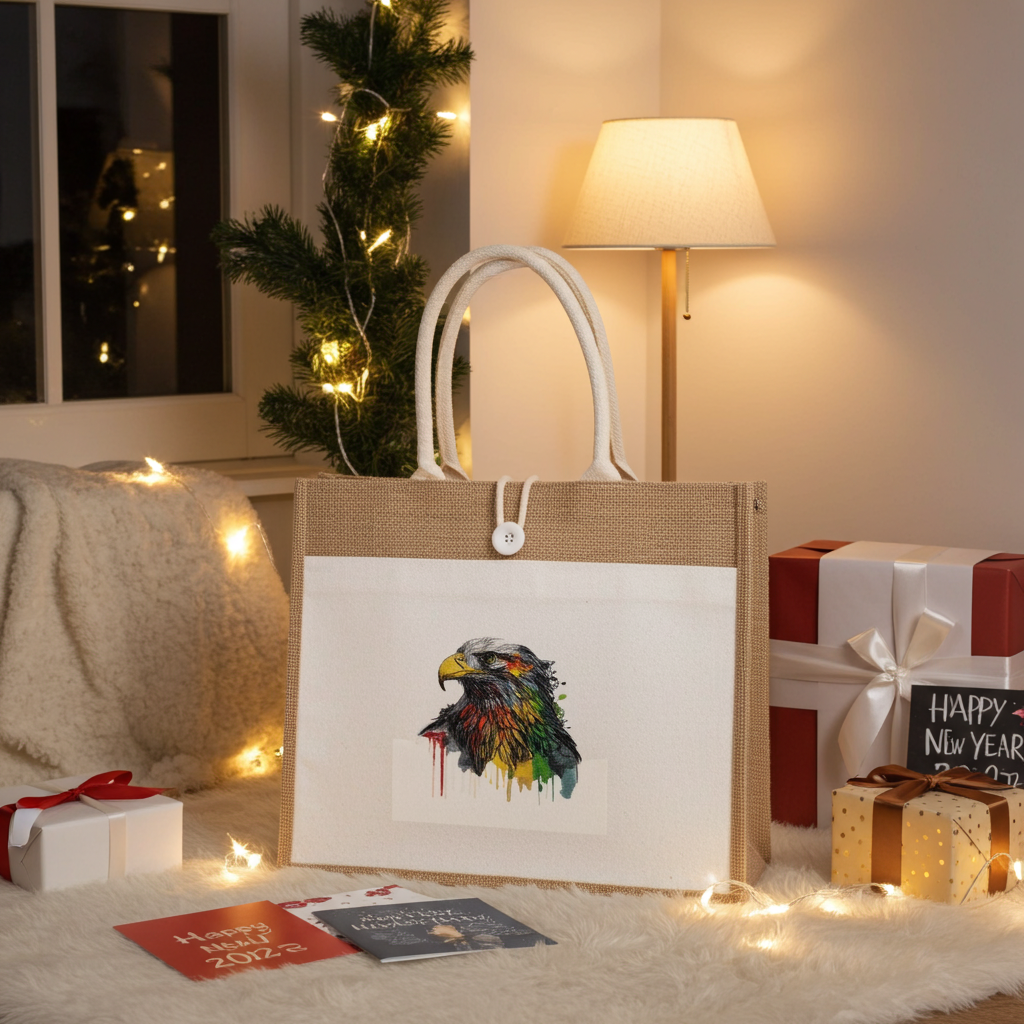 Natural jute tote handbag featuring a rainbow watercolor eagle embroidery design, styled indoors on a fluffy rug with string lights, wrapped gifts, and a cozy lamp in the background.