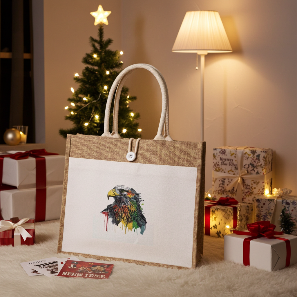 Natural jute tote handbag featuring a rainbow watercolor eagle embroidery design, styled indoors on a fluffy rug with string lights, wrapped gifts, and a cozy lamp in the background.