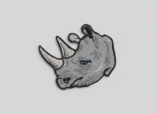 Embroidered patch of a rhinoceros head on a grid background