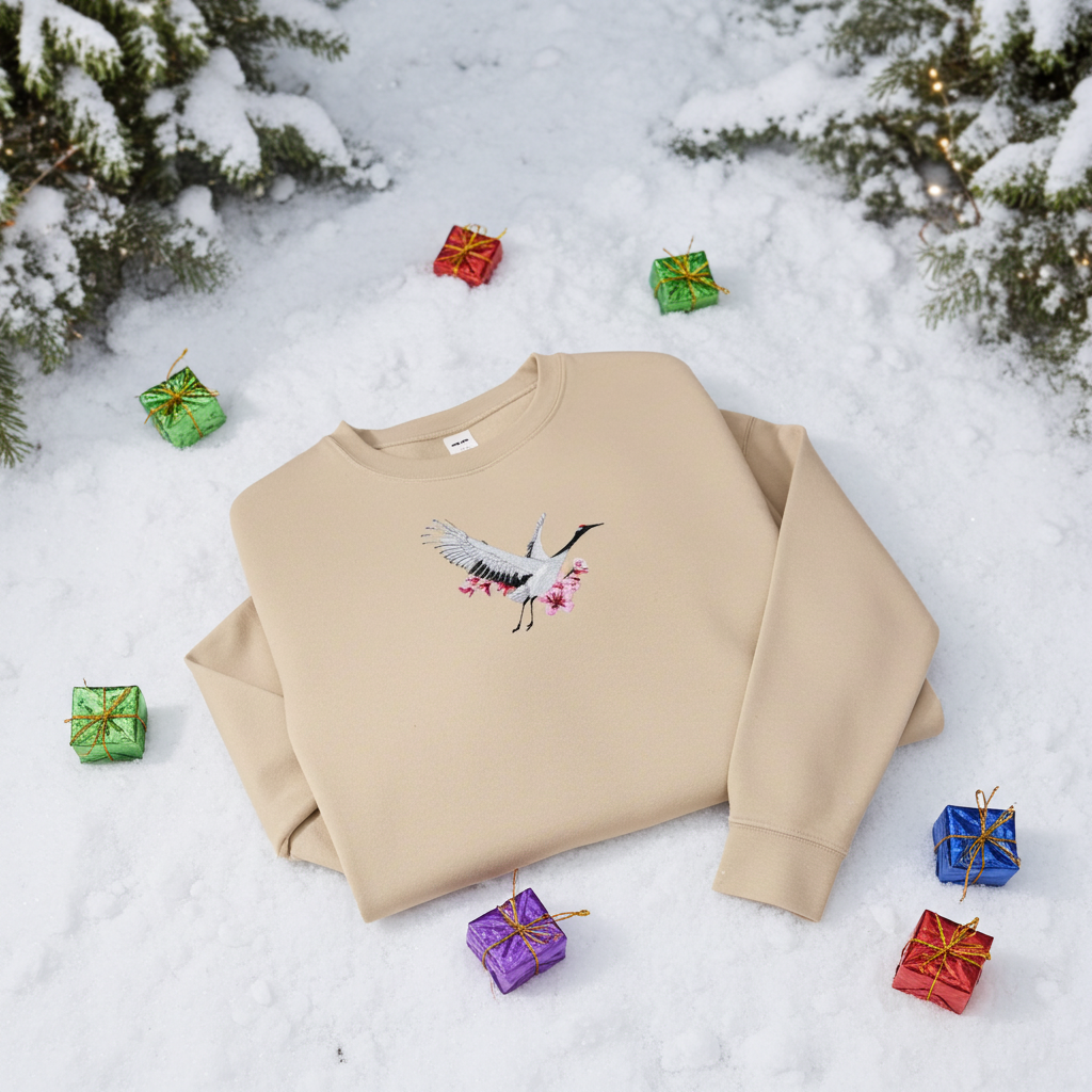 Beige unisex crewneck sweatshirt with sakura crane embroidery design, flat lay on snow with small gift boxes and evergreen branches.