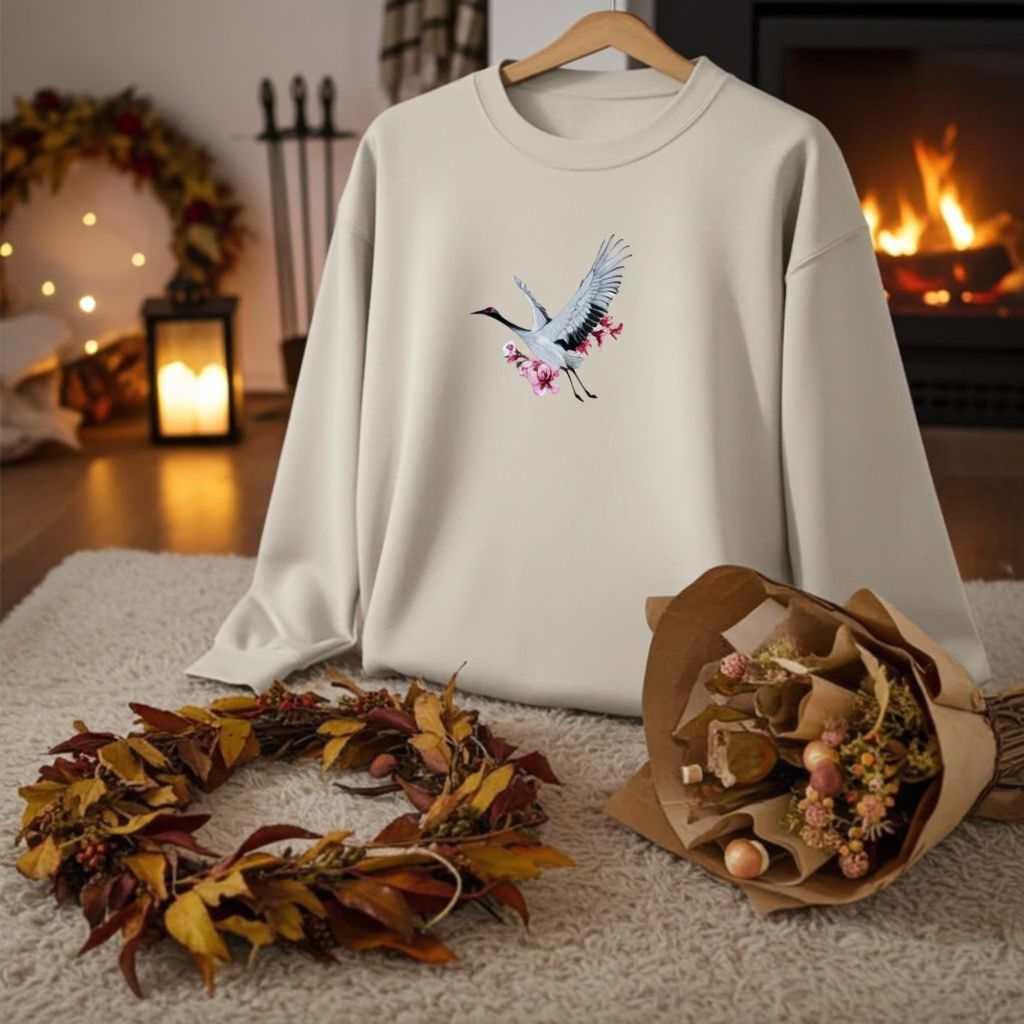 Mint Green unisex crewneck sweatshirt with sakura crane embroidery design, styled on armchair with cozy knit blanket and warm fireplace setting.
