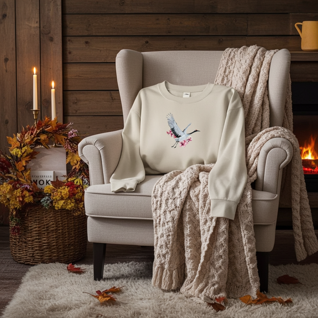 Mint Green  unisex crewneck sweatshirt with sakura crane embroidery design, styled on armchair with cozy knit blanket and warm fireplace setting.