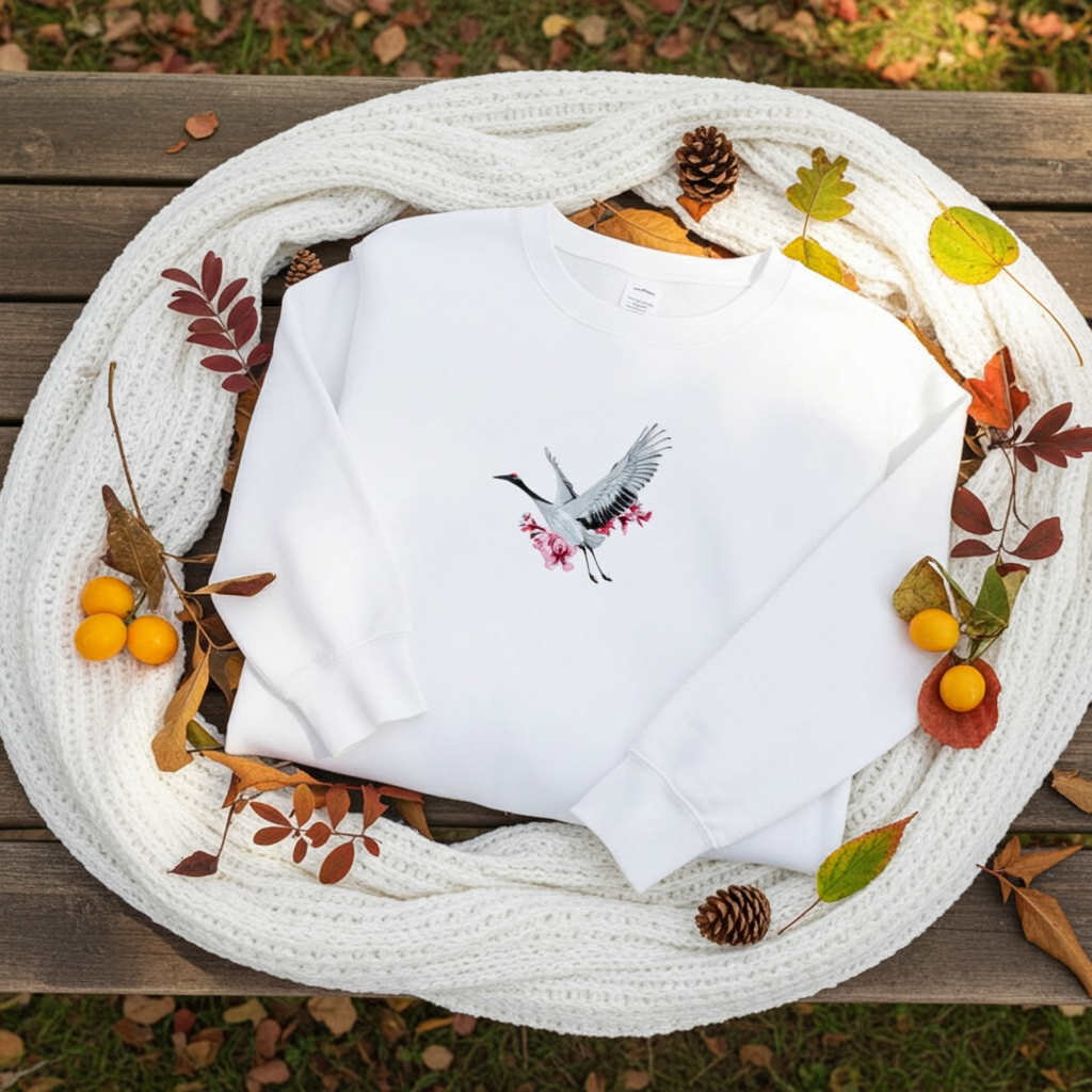 White unisex crewneck sweatshirt with sakura crane embroidery design, flat lay with cozy scarf, autumn leaves, pinecones and berries.