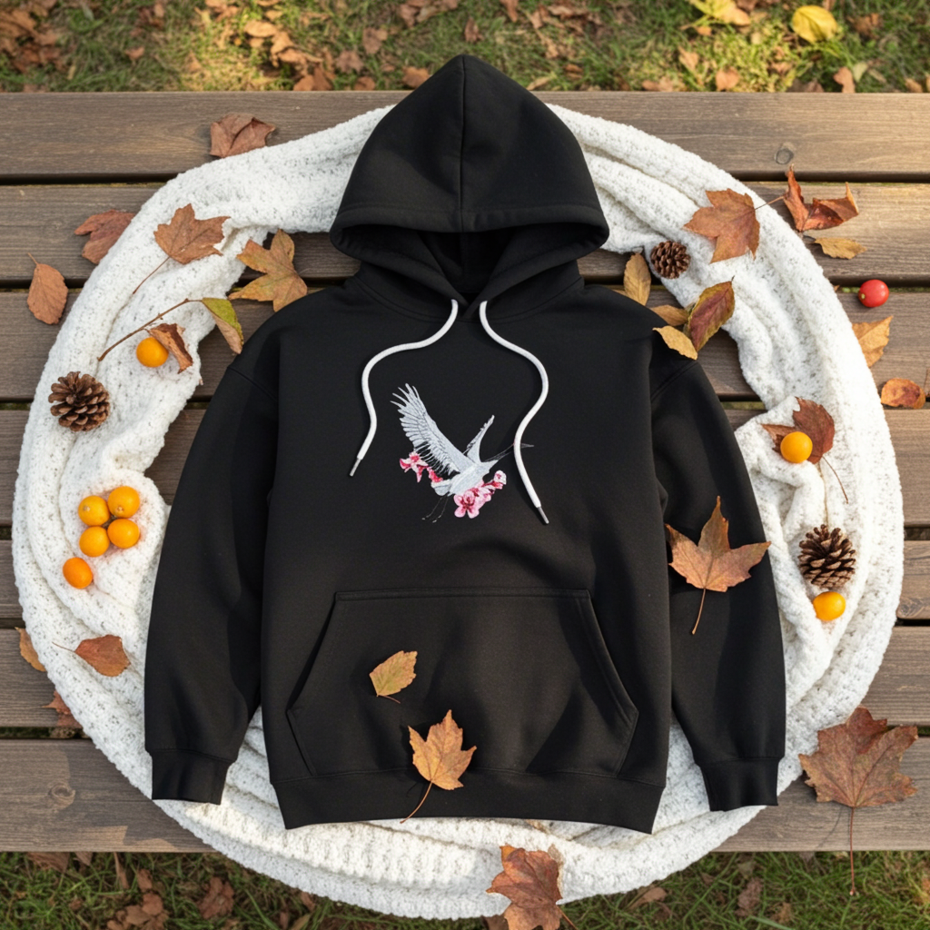 Black premium hoodie with Sakura Crane embroidery showing a white crane in flight with pink cherry blossoms, flat lay on a white knit blanket with autumn leaves, pinecones, and small orange berries, original EmbroMania artwork.