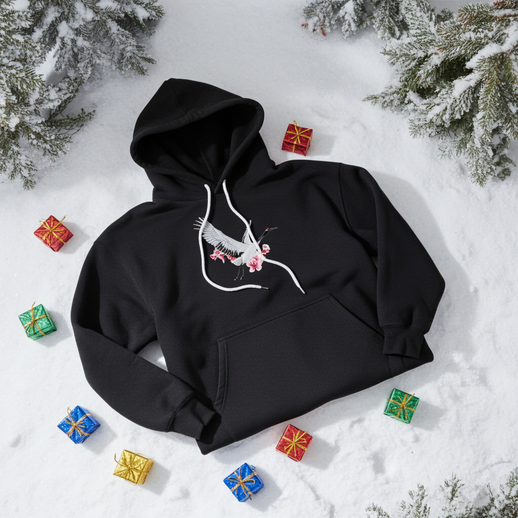 Black premium hoodie with Sakura Crane embroidery showing a white crane in flight with pink cherry blossoms, flat lay on snow with pine branches and small wrapped gift boxes, original EmbroMania artwork.