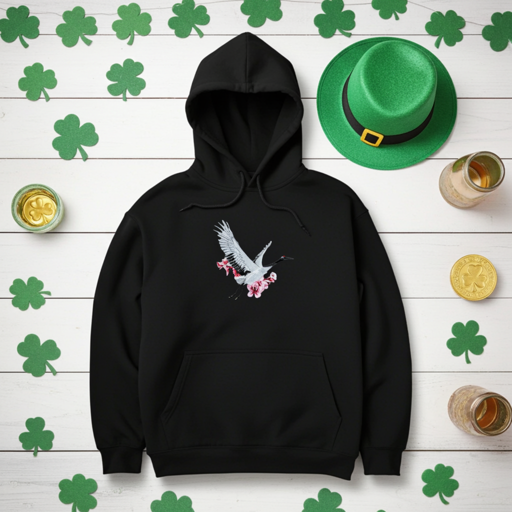 Black premium hoodie with Sakura Crane embroidery showing a white crane in flight with pink cherry blossoms, styled on a wooden background with shamrock decorations, green hat, and gold coins, original EmbroMania artwork.