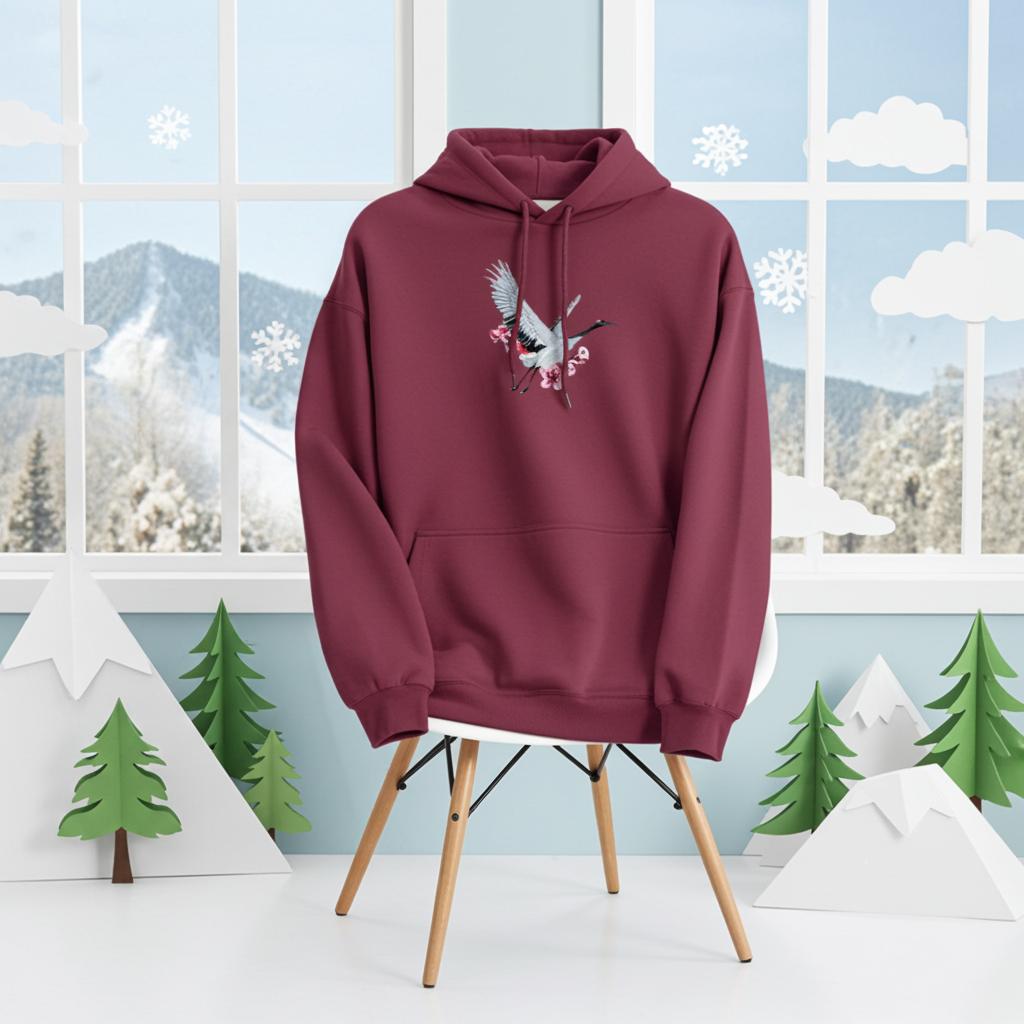 Burgundy premium hoodie with Sakura Crane embroidery showing a white crane in flight with pink cherry blossoms, styled in a winter scene with snowflakes, mountains, and pine trees, original EmbroMania artwork.