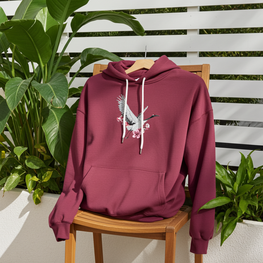 Burgundy premium hoodie with Sakura Crane embroidery showing a white crane in flight with pink cherry blossoms, styled on a wooden chair outdoors with lush green plants, original EmbroMania artwork.