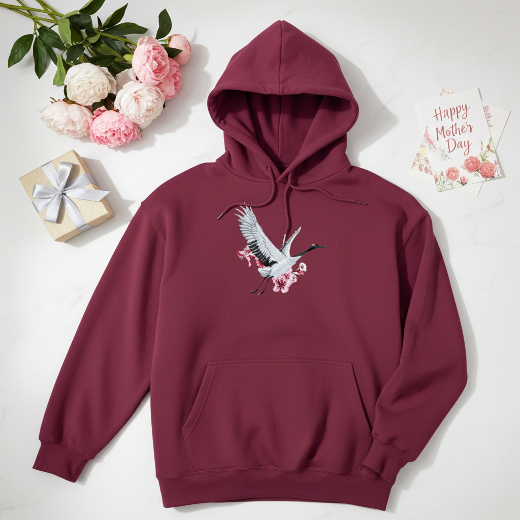 Burgundy premium hoodie with Sakura Crane embroidery showing a white crane in flight with pink cherry blossoms, styled with flowers, a Mother’s Day card, and a wrapped gift, original EmbroMania artwork.