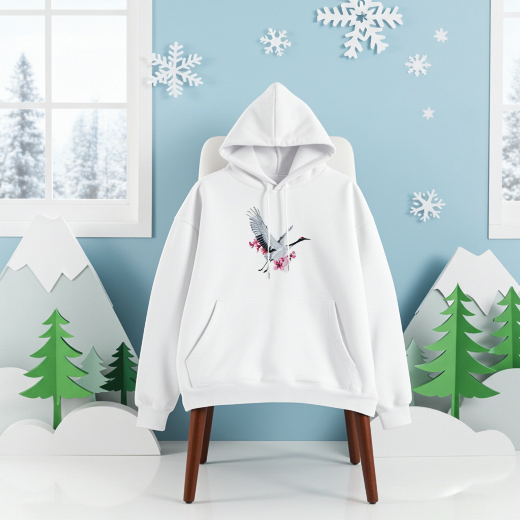 White premium hoodie with Sakura Crane embroidery showing a white crane in flight with pink cherry blossoms, styled in a winter scene with snowflakes, mountains, and pine trees, original EmbroMania artwork.