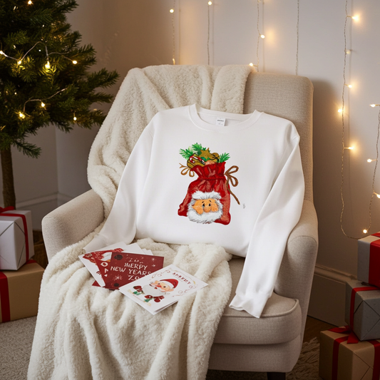 White sweatshirt featuring a Santa’s Joy Sack embroidery design, styled on a cozy armchair with string lights, holiday cards, a Christmas tree, and wrapped gifts nearby.