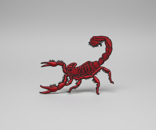 Red scorpion design on a grid background