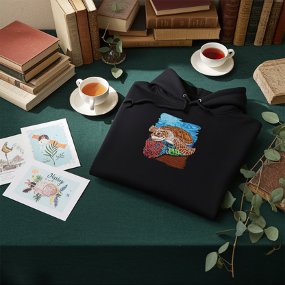 Black premium hoodie with Sea Turtle & Coral Reef embroidery showing a sea turtle above red coral and green sea plants on a blue ocean background, folded on a dark green table with books, tea cups, greenery, and greeting cards, original EmbroMania artwork.