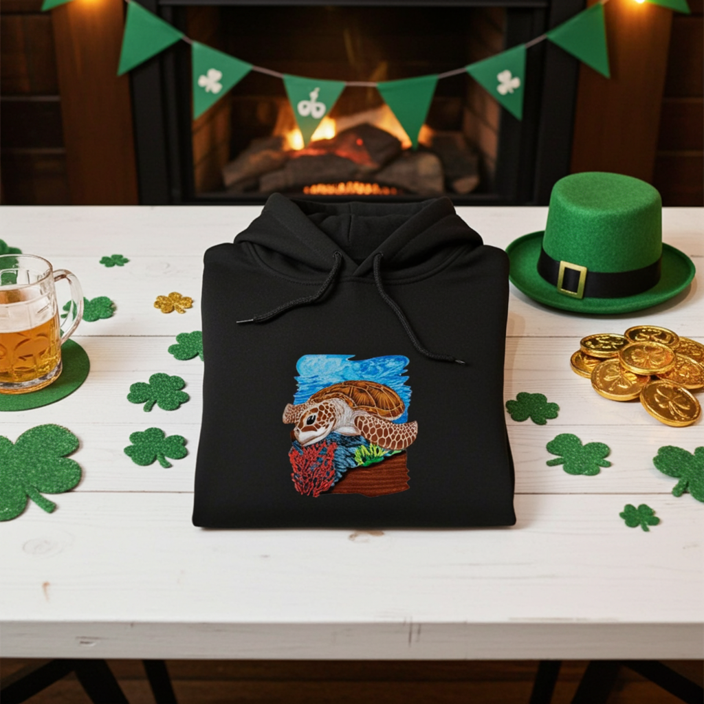 Black premium hoodie with Sea Turtle & Coral Reef embroidery showing a sea turtle above red coral and green sea plants, folded on a table with shamrock decorations, gold coins, and a green hat near a fireplace, original EmbroMania artwork.






