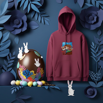 Burgundy premium hoodie with Sea Turtle & Coral Reef embroidery showing a sea turtle above red coral and green sea plants on a blue ocean background, styled in a whimsical underwater scene with Easter egg and bunny decor, original EmbroMania artwork.