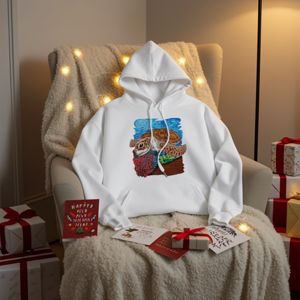 White premium hoodie with Sea Turtle & Coral Reef embroidery showing a sea turtle above red coral and green sea plants on a blue ocean background, styled on a cozy chair with string lights, holiday cards, and wrapped gifts, original EmbroMania artwork.