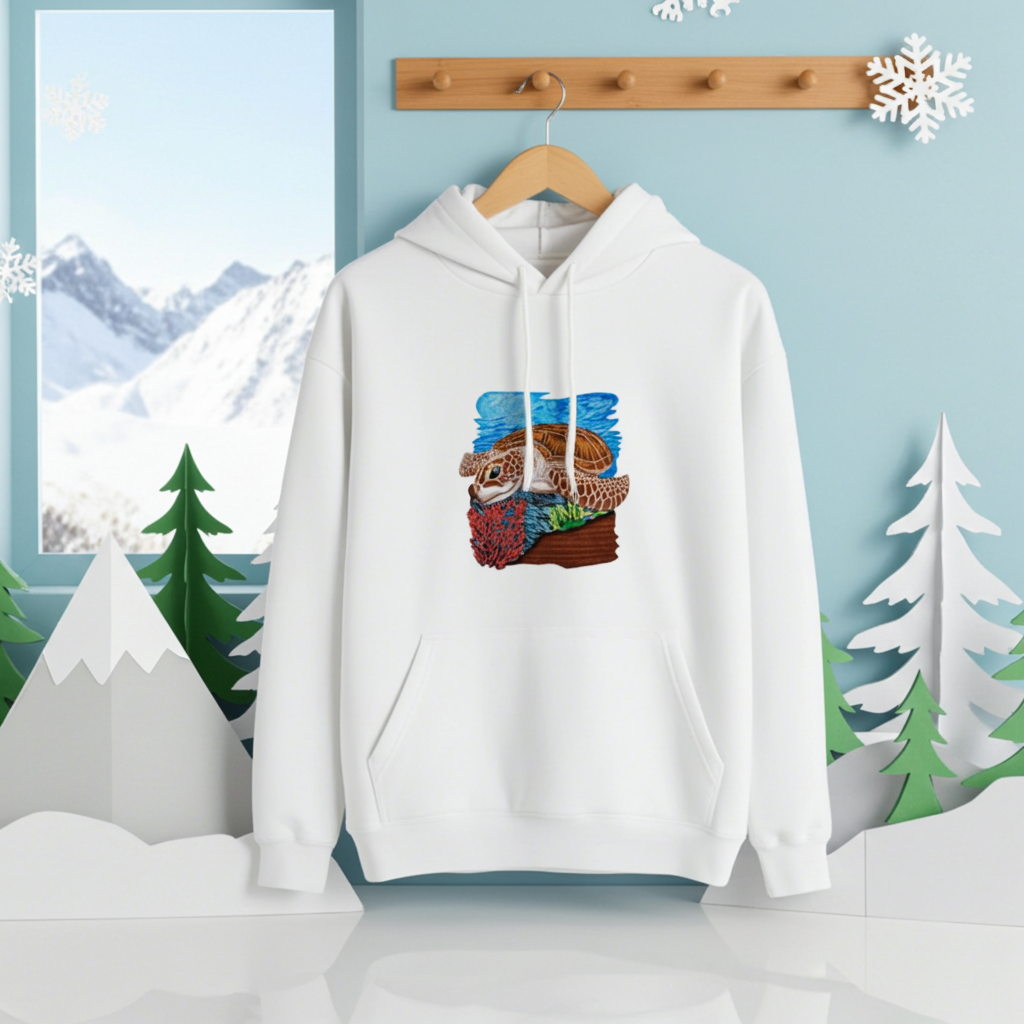 White premium hoodie with Sea Turtle & Coral Reef embroidery showing a sea turtle above red coral and green sea plants on a blue ocean background, hanging in a winter scene with snowflakes, mountains, and pine trees, original EmbroMania artwork.