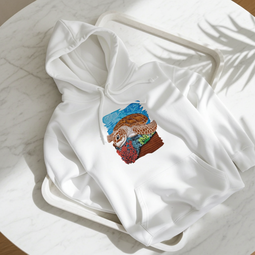 White premium hoodie with Sea Turtle & Coral Reef embroidery showing a sea turtle above red coral and green sea plants on a blue ocean background, laid flat on a white tray in bright natural light, original EmbroMania artwork.