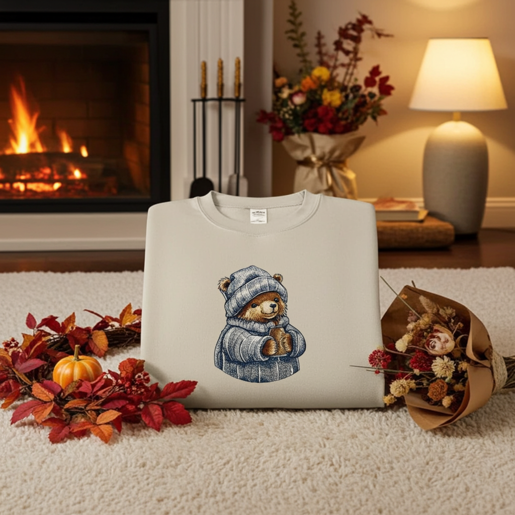 Mint green sweatshirt folded on a wooden stump, featuring a cute bear embroidery wearing a knit hat and sweater, styled with dried flowers and cotton stems on a warm neutral background