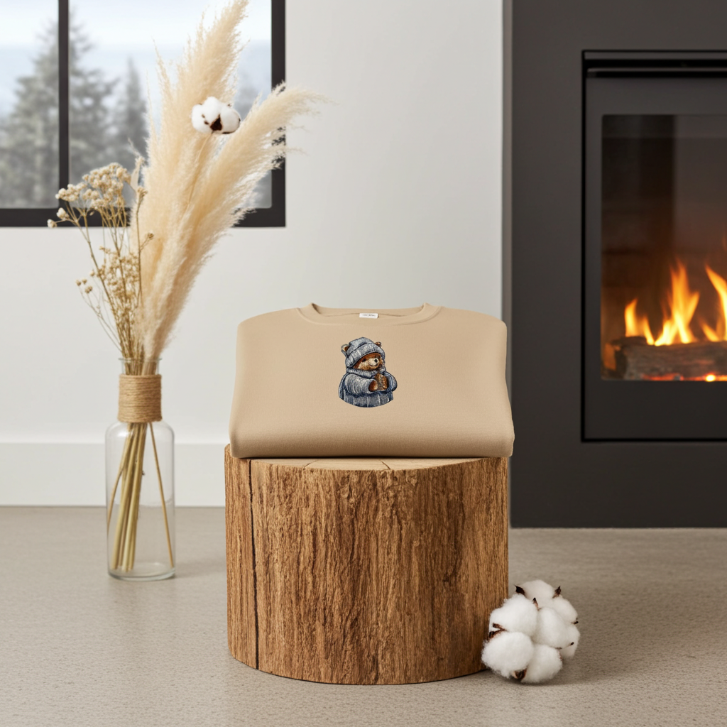 Soft beige sweatshirt folded on a wooden stump, featuring a cute bear embroidery wearing a knit hat and sweater, styled with dried flowers and cotton stems on a warm neutral background