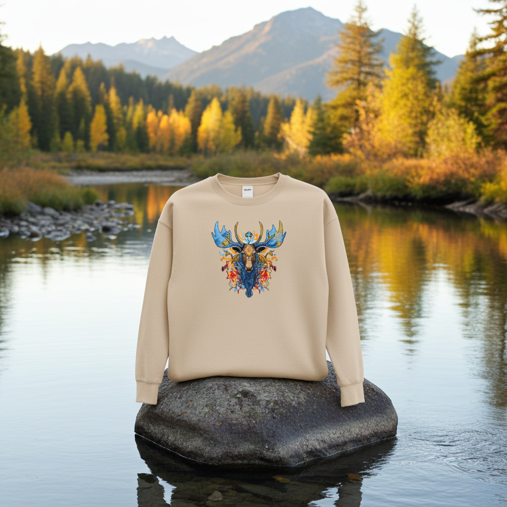 Beige sweatshirt displayed outdoors on a rock in a calm river, featuring a detailed mystic blue moose embroidery with colorful accents, with autumn trees and mountains in the background