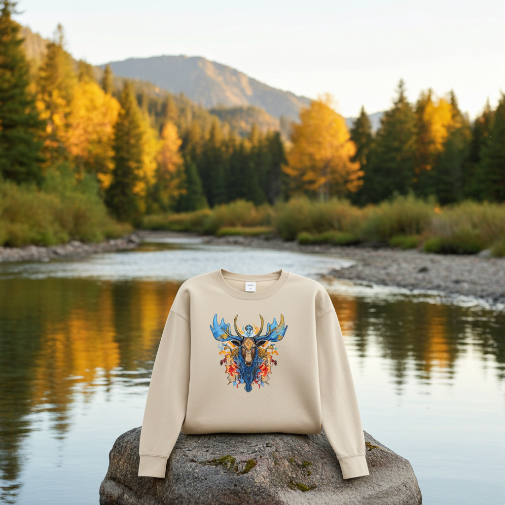 Beige sweatshirt displayed outdoors on a rock in a calm river, featuring a detailed mystic blue moose embroidery with colorful accents, with autumn trees and mountains in the background