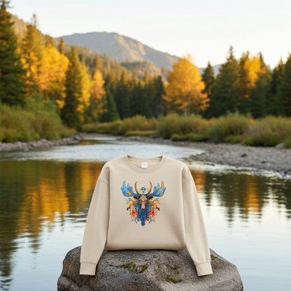 Beige sweatshirt displayed outdoors on a rock in a calm river, featuring a detailed mystic blue moose embroidery with colorful accents, with autumn trees and mountains in the background