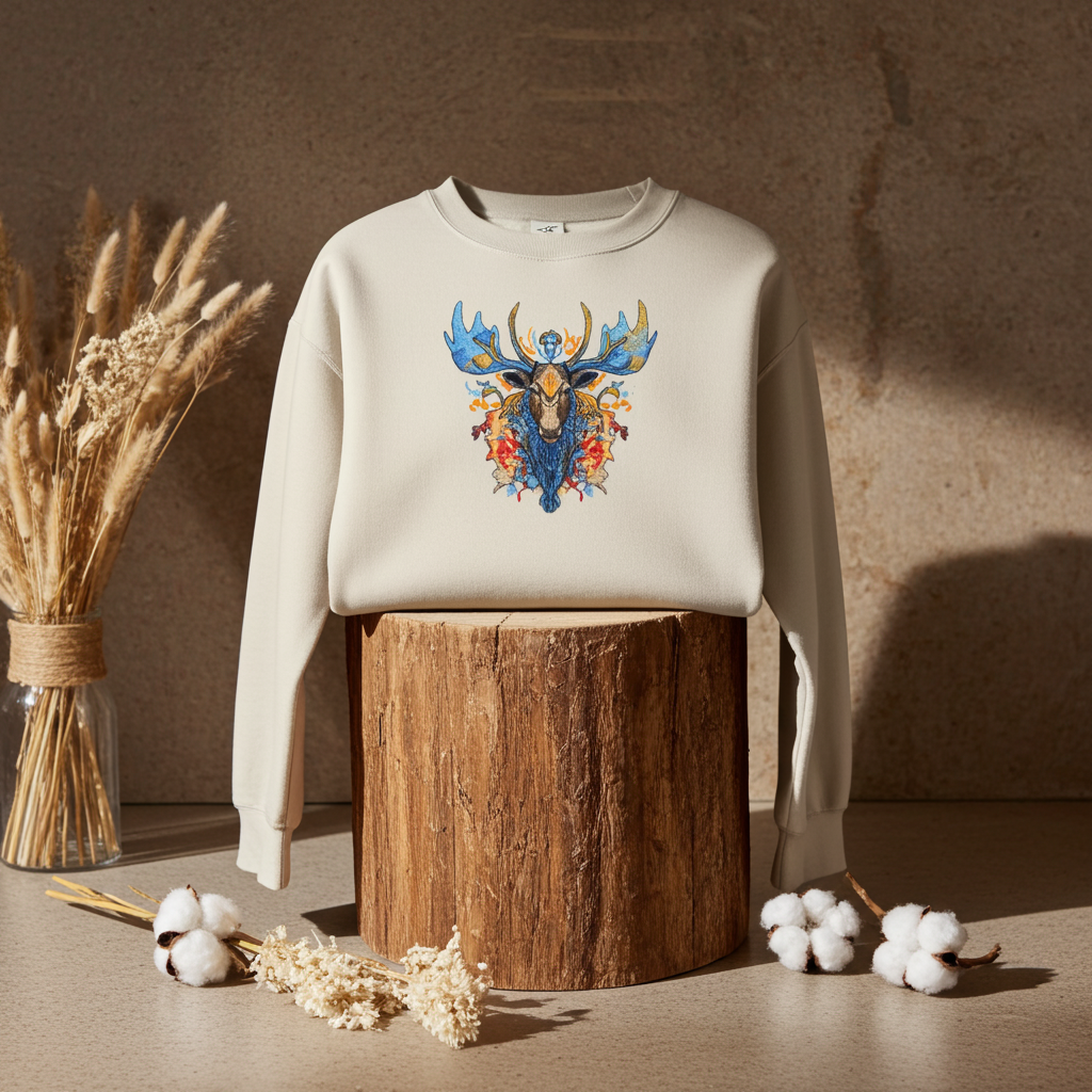 Mint green sweatshirt displayed on a wooden stump in warm studio lighting, featuring a detailed mystic blue moose embroidery with colorful accents, styled with dried grasses and cotton stems on a neutral background