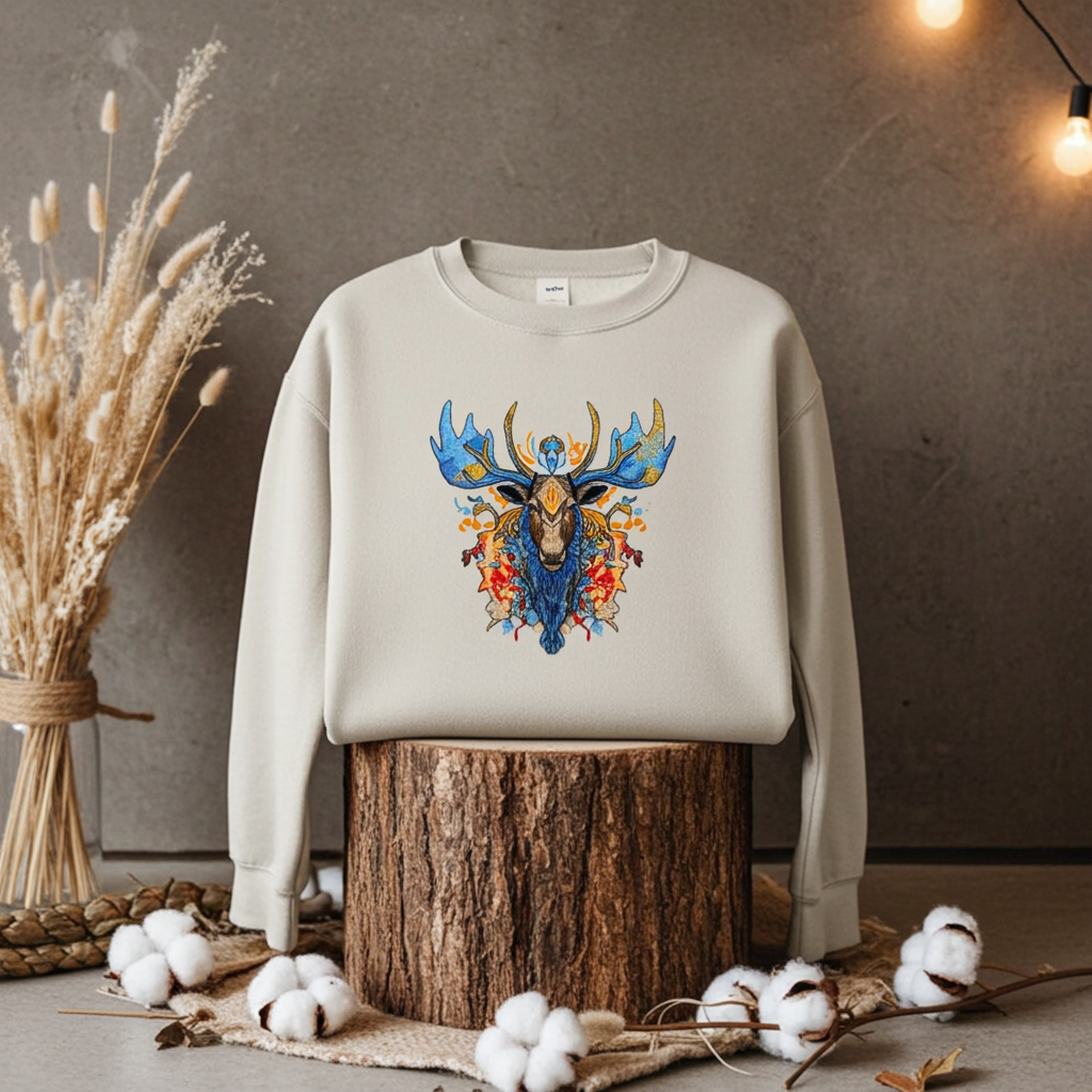 Mint green sweatshirt displayed on a wooden stump in warm studio lighting, featuring a detailed mystic blue moose embroidery with colorful accents, styled with dried grasses and cotton stems on a neutral background