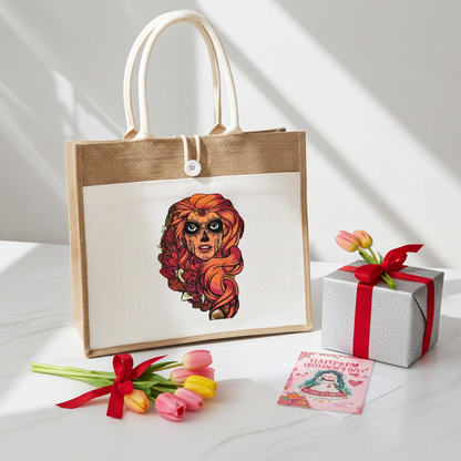 Natural jute tote handbag featuring a sugar skull girl embroidery design, styled on a marble table with a lit candle, pink flowers, and city lights in the background.