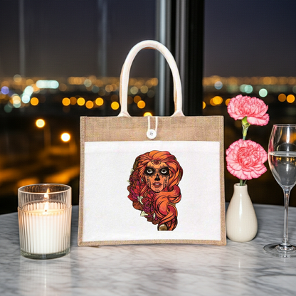 Natural jute tote handbag featuring a sugar skull girl embroidery design, styled on a marble table with a lit candle, pink flowers, and city lights in the background.