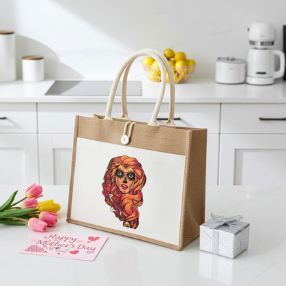 Natural jute tote handbag featuring a sugar skull girl embroidery design, styled on a marble table with a lit candle, pink flowers, and city lights in the background.