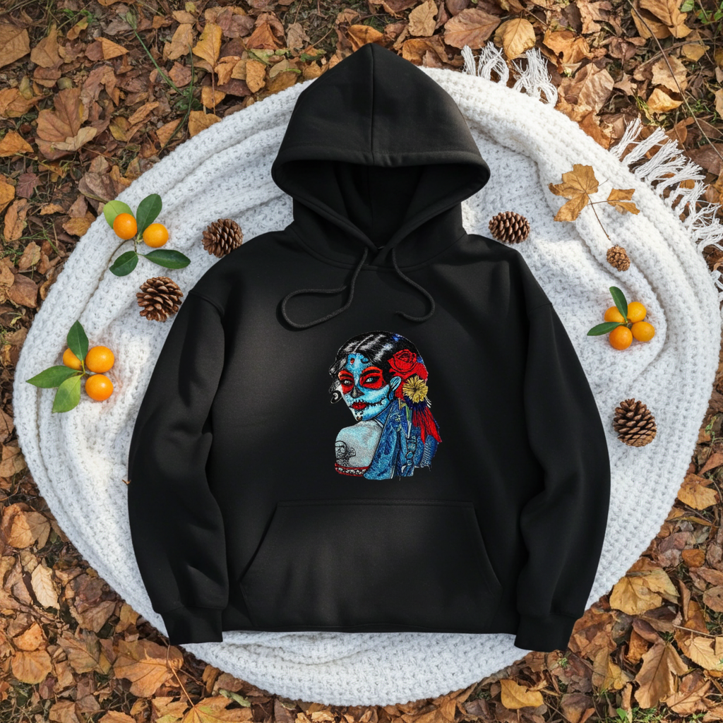 Black premium hoodie with Sugar Skull Lady embroidery featuring a Día de los Muertos portrait in blue and red tones with floral accents, flat lay on a white knit blanket with autumn leaves, pinecones, and small orange berries, original EmbroMania artwork.