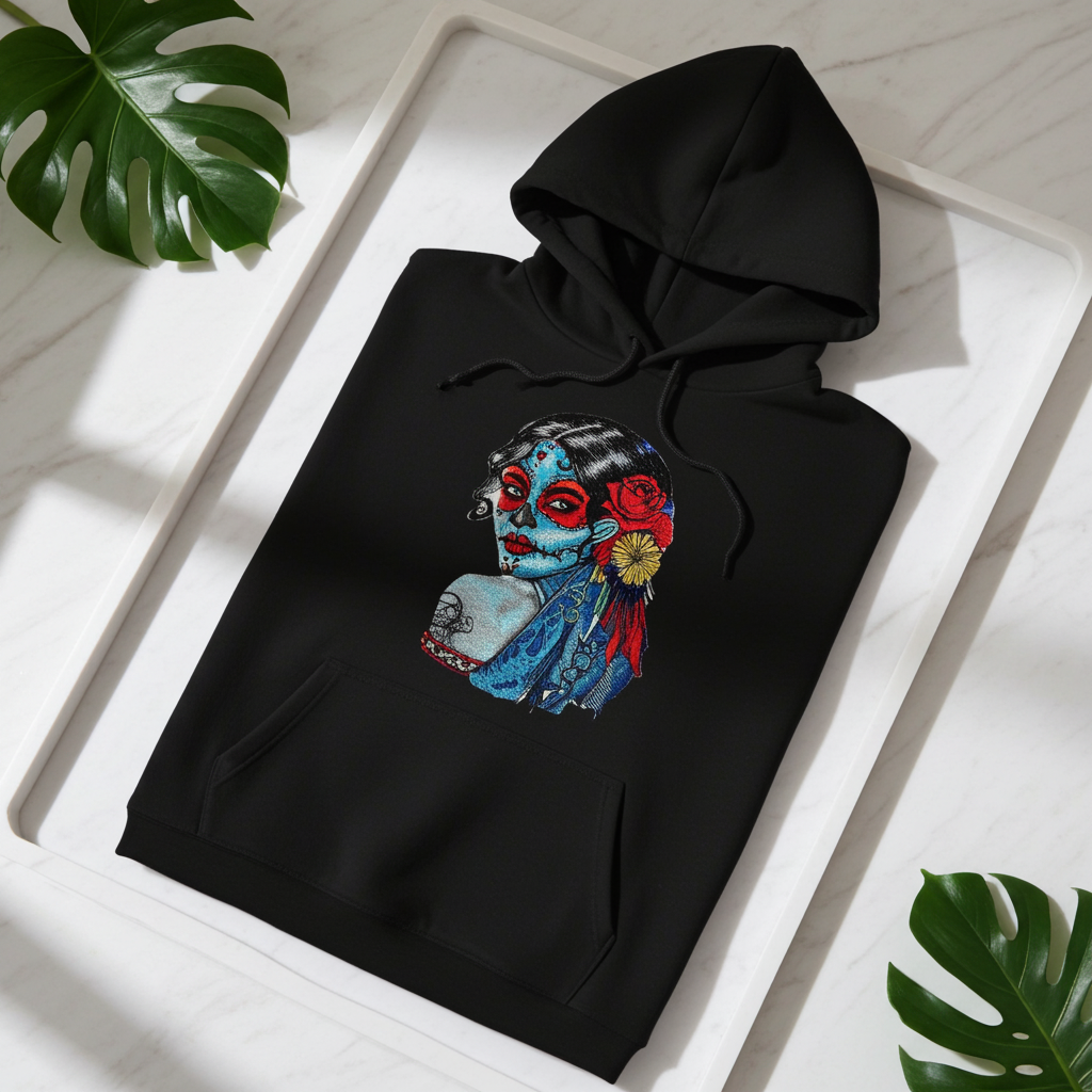 Black premium hoodie with Sugar Skull Lady embroidery featuring a Día de los Muertos portrait in blue and red tones with floral accents, folded flat on a white tray with tropical leaves, original EmbroMania artwork.