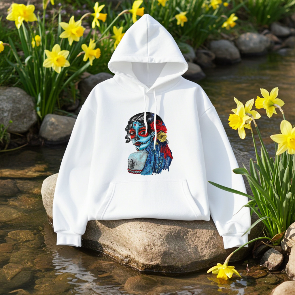 White premium hoodie with Sugar Skull Lady embroidery featuring a Día de los Muertos portrait in blue and red tones with floral accents, styled outdoors on a rock by a stream with yellow flowers, original EmbroMania artwork.