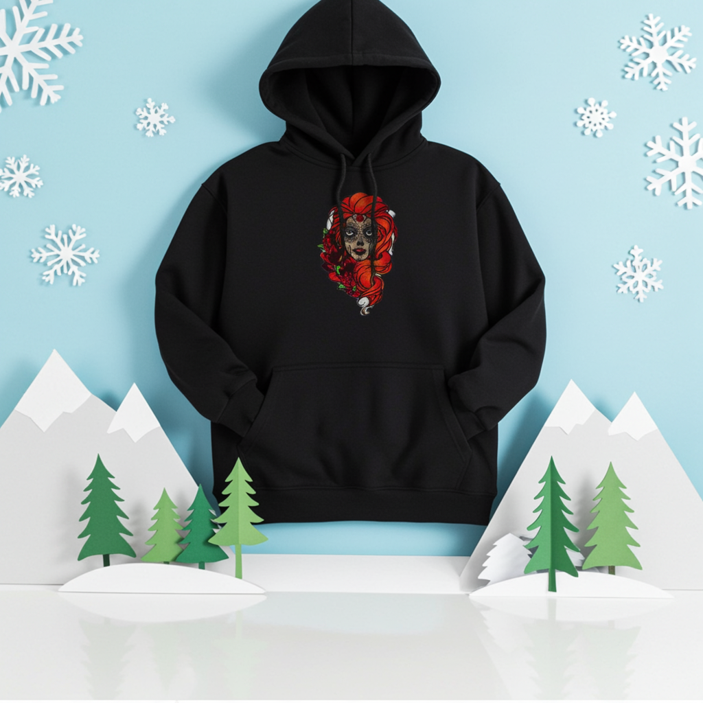 Black premium hoodie with Sugar Skull Rose Girl embroidery featuring a sugar skull portrait with bright orange hair and red roses, styled in a winter scene with snowflakes, mountains, and pine trees, original EmbroMania artwork.