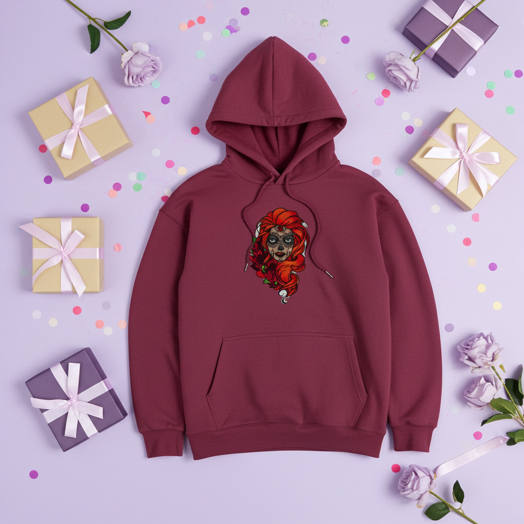 Burgundy premium hoodie with Sugar Skull Rose Girl embroidery featuring a sugar skull portrait with bright orange hair and red roses, styled on a purple background with confetti and gift boxes, original EmbroMania artwork.