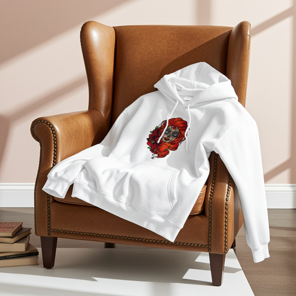 White premium hoodie with Sugar Skull Rose Queen embroidery featuring a sugar skull portrait with bright orange hair and red roses, styled on a brown leather armchair in warm natural light, original EmbroMania artwork.