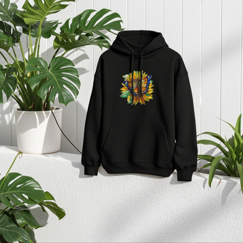 Black premium hoodie with Sun-Kissed Butterfly & Sunflower embroidery featuring a blue and orange butterfly on a golden sunflower with green leaves, hanging in a bright space with lush green plants and a white wall, original EmbroMania artwork.