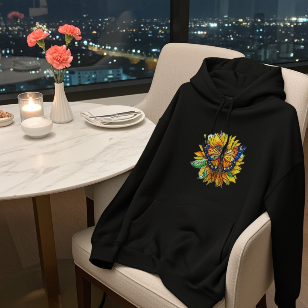 Black premium hoodie with Sun-Kissed Butterfly & Sunflower embroidery featuring a blue and orange butterfly on a golden sunflower with green leaves, styled on a chair by a marble table with candlelight and a city night view, original EmbroMania artwork.