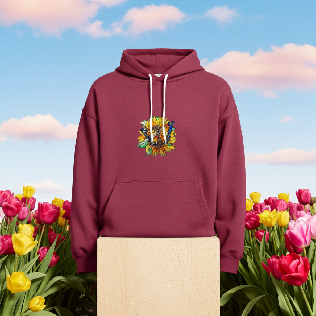 Burgundy premium hoodie with Sun-Kissed Butterfly & Sunflower embroidery featuring a blue and orange butterfly on a golden sunflower with green leaves, styled outdoors on a wooden block in a tulip field under a blue sky, original EmbroMania artwork.