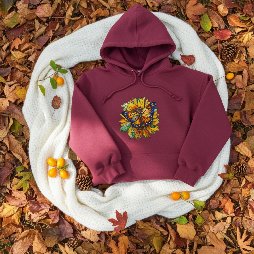 Burgundy premium hoodie with Sun-Kissed Butterfly & Sunflower embroidery featuring a blue and orange butterfly on a golden sunflower with green leaves, flat lay on a white knit blanket surrounded by autumn leaves, pinecones, and small orange berries, original EmbroMania artwork.